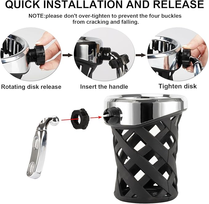 PSLER Motorcycle Drink Cup Holder Handlebar Mount Universal for Dyna Fat Bob Touring Road Glide Street Electra Glide Softail 1996-up Goldwing GL1800 2018-up (Chrome, 105mm)