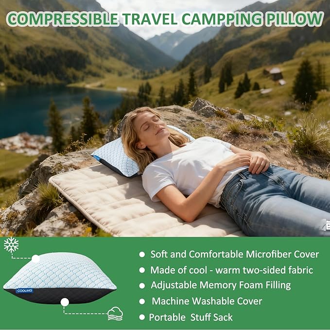 Gehannah Travel Pillow - Large 1 Pack Compressible Camping Pillow for Sleeping - Shredded Memory Foam with 1 Storage Bags - Supportive for Adults, Kids, Outdoor, Backpacking, Hiking Gear