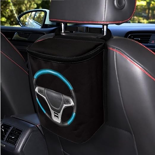 1.2 Gallons Trash Can for Cars SUV, Funny Print Backseat Driver Garbage Bag for Car, Adjustable Hanging for Tail of Console/Back of Seats, with Zipper Leak-Proof Lid Design, Trips Essential