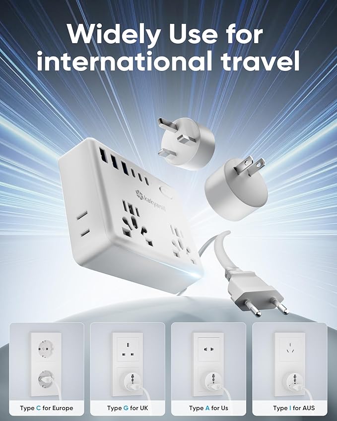 Universal Travel Adapter, Kakyanill European Travel Plug Adapter, EU/UK/AU/Plug Adapter, 4 AC Outlets, 6 USB Ports (3 USB C), 5ft Flat Extension Cord, Compact for Travel