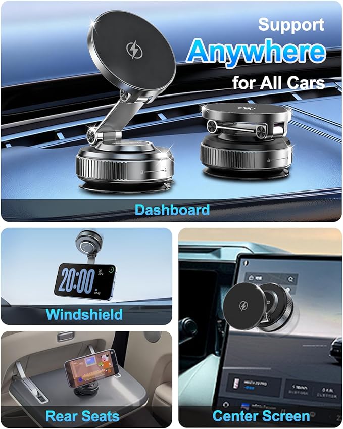 for MagSafe Car Mount Charger, 15W Fast Charging Magnetic Wireless Car Charger, Vacuum Magnetic Phone Holder [120LBS Ultra Suction Cup & 3000gf Magnet ] 780° Dashboard Car Bracket for iPhone & Android