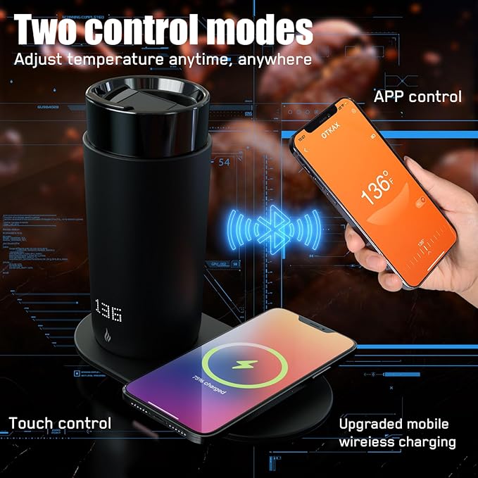 Temperature Control Heated Coffee Mug Smart Self Heating Travel Mug 12 Oz App Controlled Warmer Mug 4-10 Hour LED Display Keep Coffee Hot Fast Wireless Charger Base Dull Black