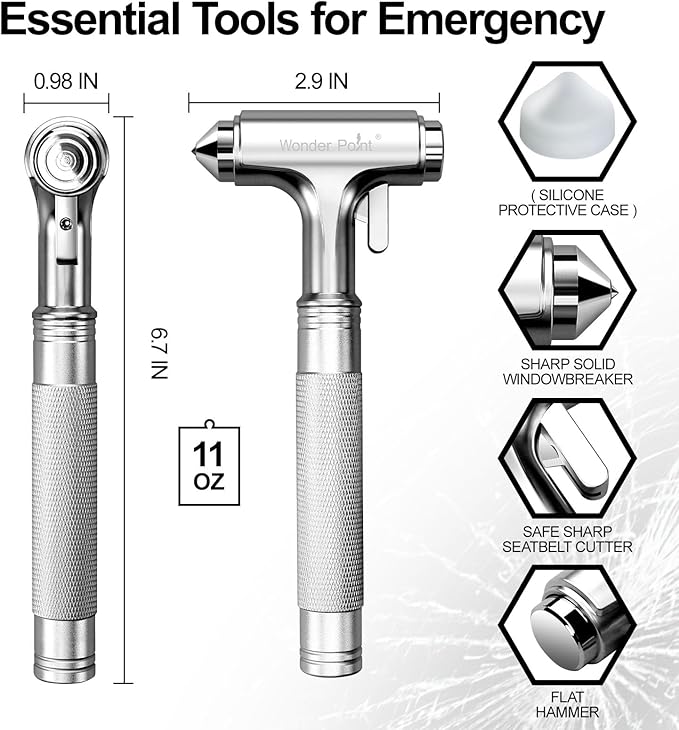 Premium Car Glass Breaker with Seat Belt Cutter - Automotive Safety Hammer - Emergecy Escape Tool, Car Autoaccessory Metal Window Hammer, Vehicle Hard Aluminium Alloy Head Design(Silver)