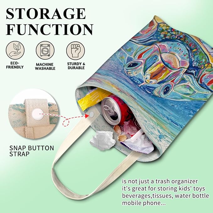 Car Trash Can, Cute Car Trash Bag, Hanging Car Organizer and Storage Bag, Trash Bin for Car Accessories, Vehicle, Travelling, Camping Colorful Watercolor Turtle