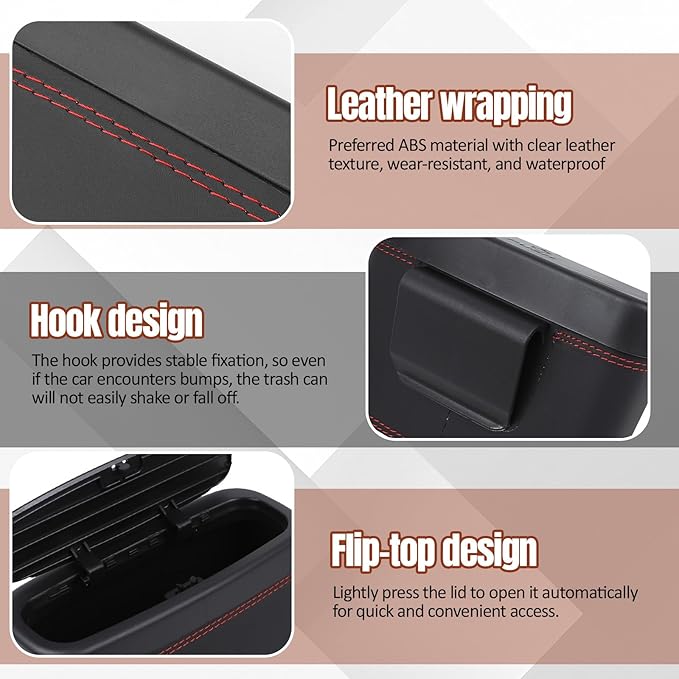 Wuyaoyao Car Trash Can with Lid, Leather Automotive Trash Bin with Garbage Bags, Leakproof Cars Door Hanging Garbage Can, Mini Multi-Purpose Vehicle Storage Organizer, Interior Car Accessories (Black)