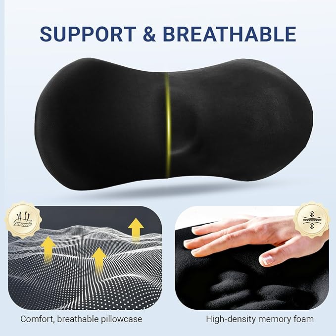 Lumbar Pillow with Adjustable Strap, Memory Foam Lumbar Support Pillow for Office Chair and Car Seat, Back Pillow for Lower Back, Back Support Pillow for Sitting, Driving, Traveling