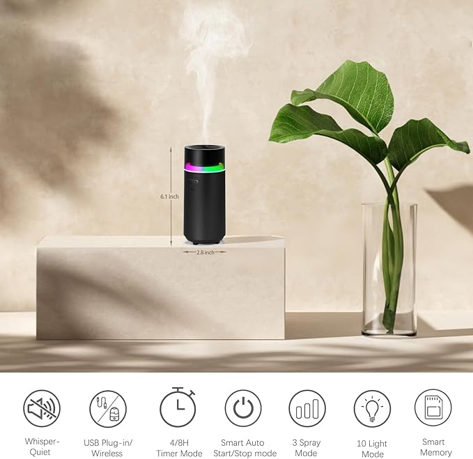 Essential Oil Smart Car Diffuser, 3000 mAH Rechargeable Battery, Cool Mist Aromatherapy Air Freshener Diffuser, Auto On/Off, 4/8 Hour Timing Mode, for Bedroom, Office, Travel (Black)