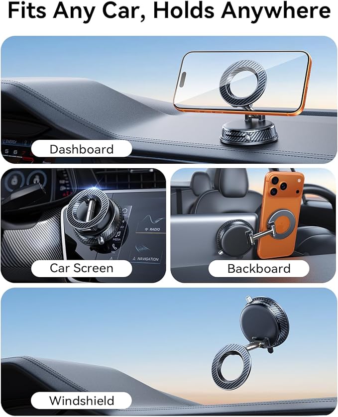 Car Phone Holder for Magsafe Car Mount [108+LBS Strongest Suction & 3000gf Magnetic] Vacuum Magnetic Phone Holders for Your Car 360° Adjustable Carbon Fiber Car Phone Mount for iPhone & Android Black