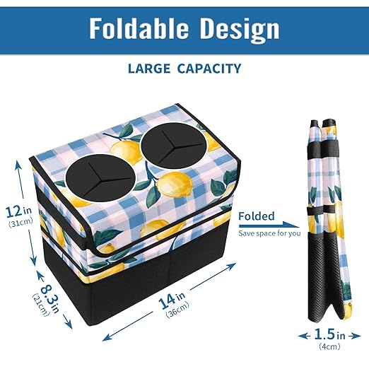 Car Trash Can with Lid, Portable Hanging Automotive Garbage Bin for Vehicles, Leakproof Waste Bag Container for SUV Truck Van Interior Auto Travel Road Trips(Lemons)