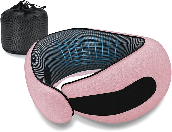 Neck Travel Pillows for Airplanes Memory Foam Neck Comfort Pillow Compact Ergonomic Design Sleeping Essentials for Long Flights Car Rides and Home Use (Pink)