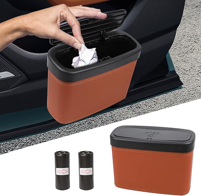 Wuyaoyao Car Trash Can with Lid, Leather Automotive Trash Bin with Garbage Bags, Leakproof Cars Door Hanging Garbage Can, Mini Multi-Purpose Vehicle Storage Organizer, Interior Car Accessories (Brown)