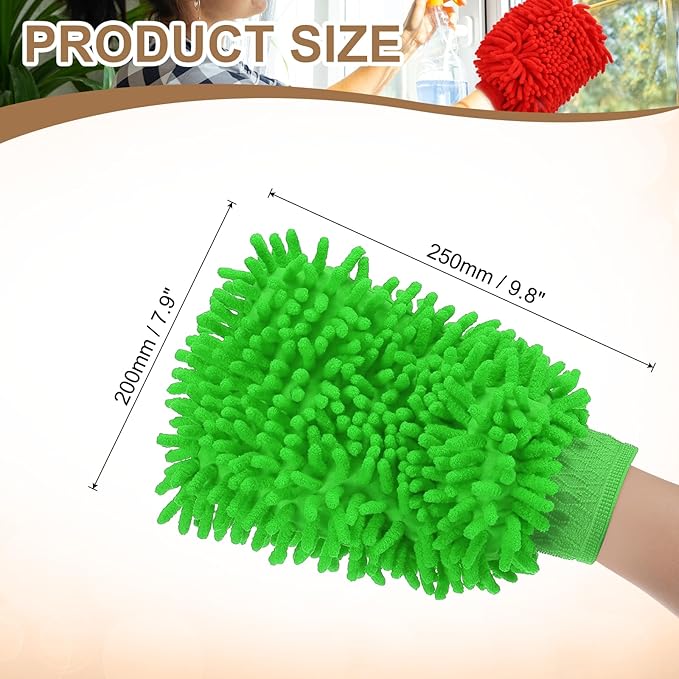 HARFINGTON 2pcs Chenille Microfiber Car Wash Mitts 9.8" x 7.9" Scratch Free Wash Gloves Absorbent Double Sided Plush Cleaning Drying Mitts for Car Washing Home Green