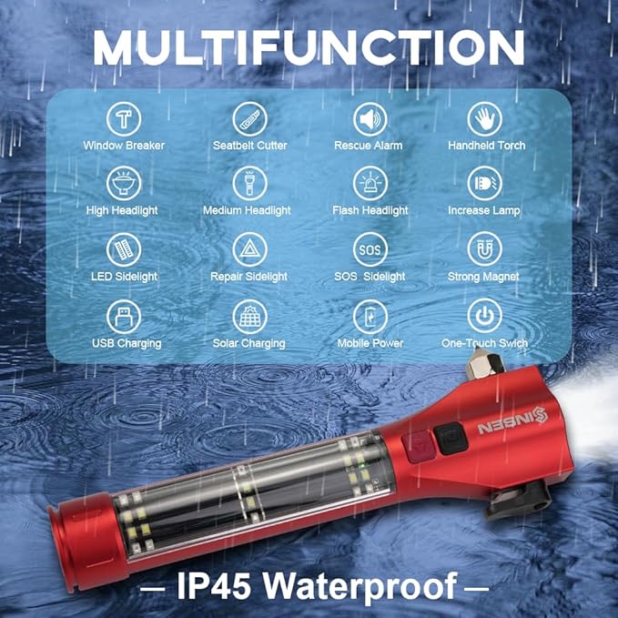 SINSEN Emergency Flashlight for Car, Seatbelt Cutter Window Breaker, 16-in-1 Multifunctional Safety Tool—Glass Hammer/Bright Solar Torch/Rechargeable/Rescue Alarm & Beacon/Repair Magnet