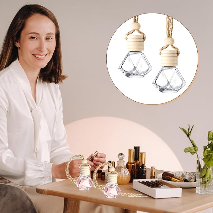 Zubebe 300 Pcs 8ml Hanging Air Freshener Diffuser Bottle Bulk Empty Glass Perfume Bottles Refillable Aromatherapy Essential Oils Pendant for Auto Interior Ornaments