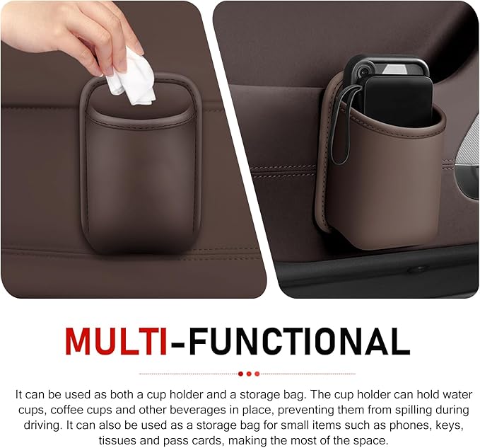 Car Door Cup Holder, Leather Backseat Cup Holder for Car, Multifunctional Clip On Storage Box for Beverage Phones Keys Snacks, Universal Storage Organizer Accessory (Brown)