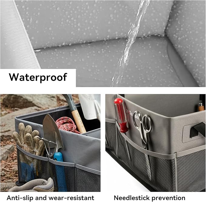 Collapsible Waterproof Car Trunk Organizer, Soft PVC Storage Bin with Rugged PVC-Coated Fabric for SUV & Truck (Stone Gray, PLUS)