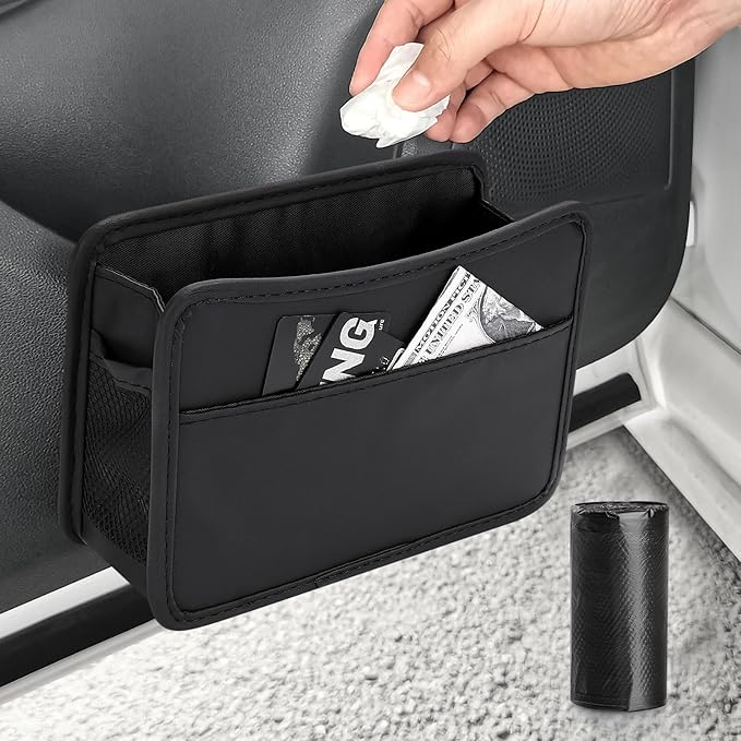Accmor Collapsible Car Trash Can, Leather Vehicle Garbage Organizer Bin Holder with One Roll Trash Bag, Foldable Hanging Mini Cars Storage Bag Container for Auto, SUV (Black)