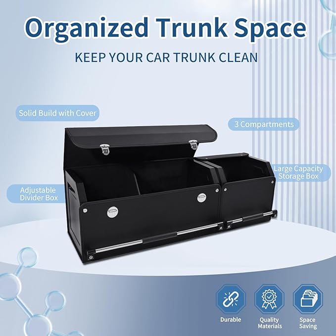 Car Trunk Organizer, Leather Trunk Organizer for SUV with Lid and Sturdy Handle Collapsible Adjustable Storage (Black, 41.6 x 11.4 x 12.2in)