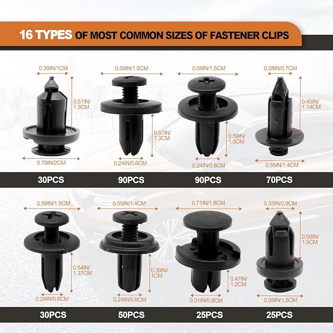 635PCS Auto Fasteners Car Push Retainer Clips Nylon Bumper Fender Rivets, 16 Most Popular Sizes with 10 Cable Ties Fasteners and Fasteners Remover Compatible with Toyota GM Ford Honda Acura Chrysler