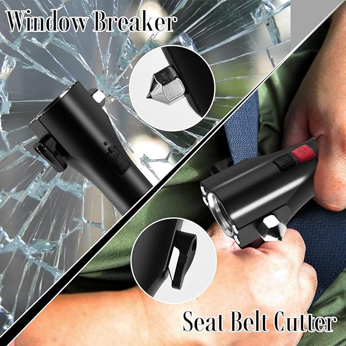 Solar Powered Car Safety Hammer Flashlight with Seatbelt Cutter, LED High Lumens, Red and Blue SOS Flashing, USB Charging, Magnetic Attraction, Portable Design