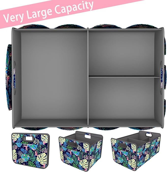 Homeve Trunk Organizer, Car Storage, Reinforced Handles, Collapsible Multi-Compartment Car Organizers, Foldable, Waterproof, 600D Oxford Polyester (Color Leaves, 2 Compart)