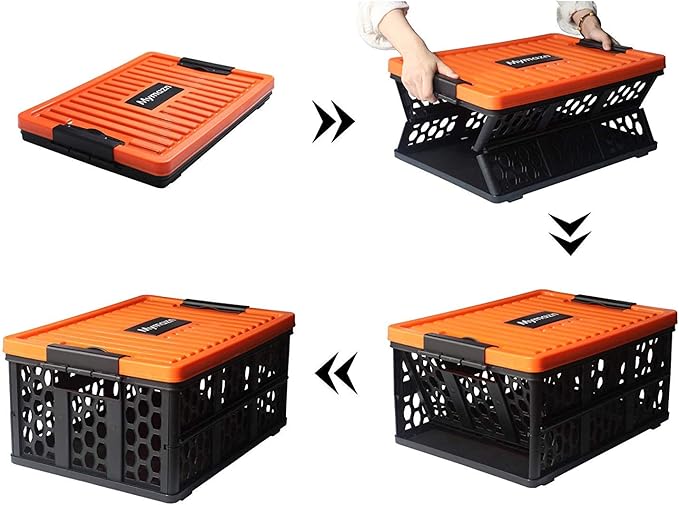 Mymazn Trunk Organizer Plastic for Car, Crate Storage Collapsible Car Organizer for SUV, Groceries, Camping | with Lid, Waterproof Bag, Optional Insulated Cooler(Orange)
