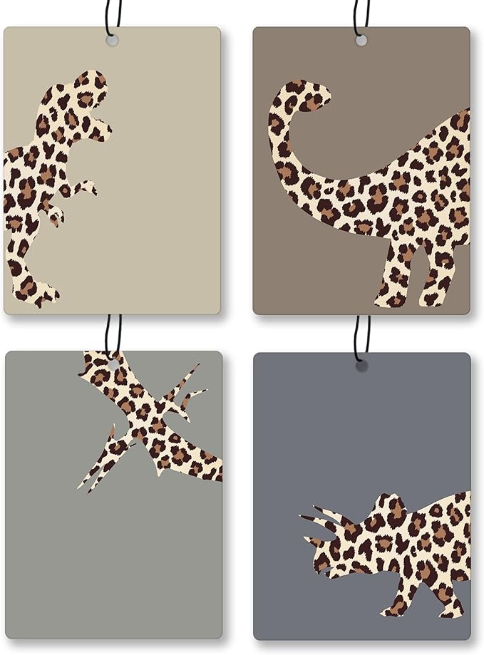 Leopard Dinosaur Car Air Freshener 4 Pcs, Retro Cheetah Print Dinosaur Hanging Scents Air Freshener for Boys Kids Gifts, Neutral Leopard Scented Car Accessories Decor for Boys Room Nursery
