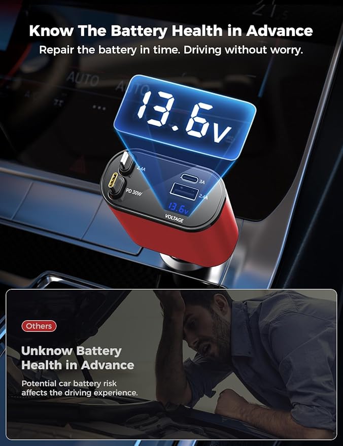 【Upgraded】 SUPERONE Retractable Car Charger 4 in 1, Fast Car Phone Charger with Cord 2.6ft, USB C and Apple Car Charger Adapter, Compatible with iPhone 17/16/15/15 Pro Max/14/13/12/11, Galaxy, Pixel