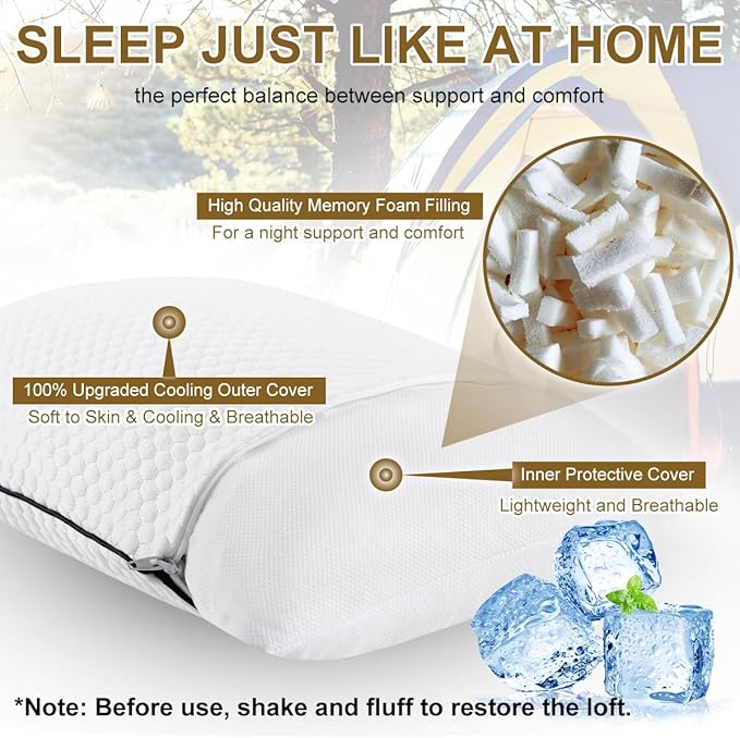 Ivellow Travel Pillow Cooling Camping Pillow for Sleeping Compressible Shredded Memory Foam Pillow Compact Firm Supportive Pillow for Adults Kids Outdoor Backpacking Hiking Essential Gear White L