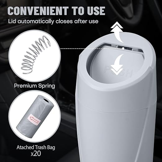 Car Trash Can Bin with Lid - Car Garbage Can Cup Holder - Grey Mini Leakproof Vehicle Garbage Bin with 40pcs Trash Bags-Automotive Organizers and Storage for Front Back Seat Accessories