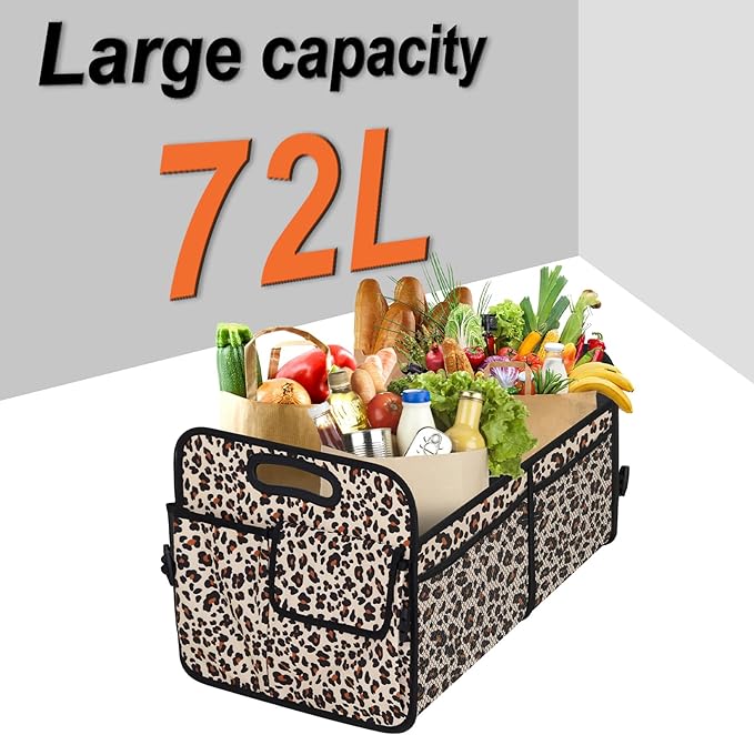 Trunk Organizer, Collapsible Trunk Organizers and Storage, Car Accessories for Women and Men, Multi-Compartment Trunk Storage Organizer for SUV, Car, Mini-Van, Leopard Print