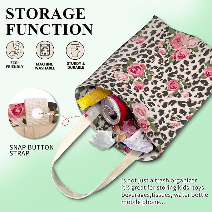 Car Trash Can, Cute Car Trash Bag, Hanging Car Organizer and Storage Bag, Trash Bin for Car Accessories, Vehicle, Travelling, Camping Pink Rose and Leopard