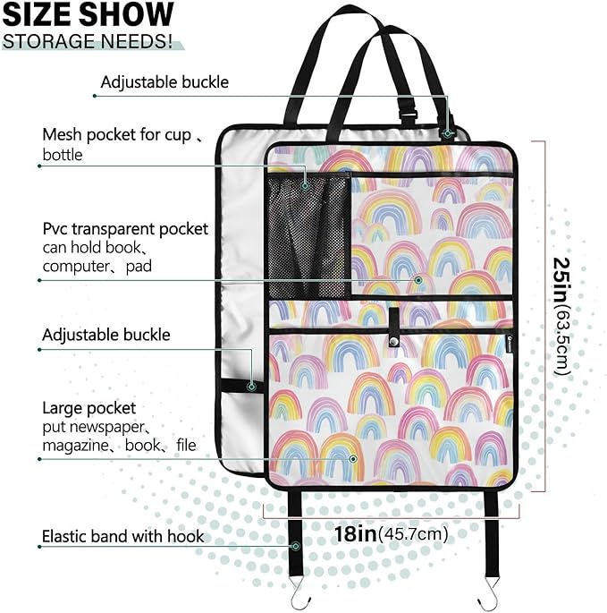 1 Pack Back Seat Car Organizer with Storage Pockets Kick Mats Back Seat Protector Hanging Car Organizer Automotive Seat Back Cover Organizers Gradient Cute Rainbows