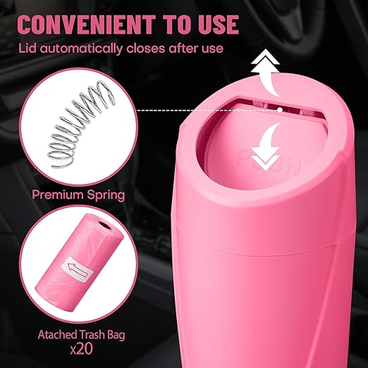 Car Trash Can Bin with Lid - Car Garbage Can Cup Holder - Rose Red Mini Leakproof Vehicle Trash Garbage Can Bin with 20pcs Trash Bags-Car Organizers and Storage for Front Back Seat Accessories
