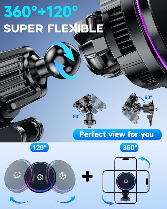 for Qi2 15W MagSafe Car Mount Charger RGB Light, Ice Cooling Magnetic Wireless Car Charger Phone Holder, Air Vent Fast Charging for iPhone 17 16 15 14 13 12 Pro Max Air, Galaxy S25, Car Accessories