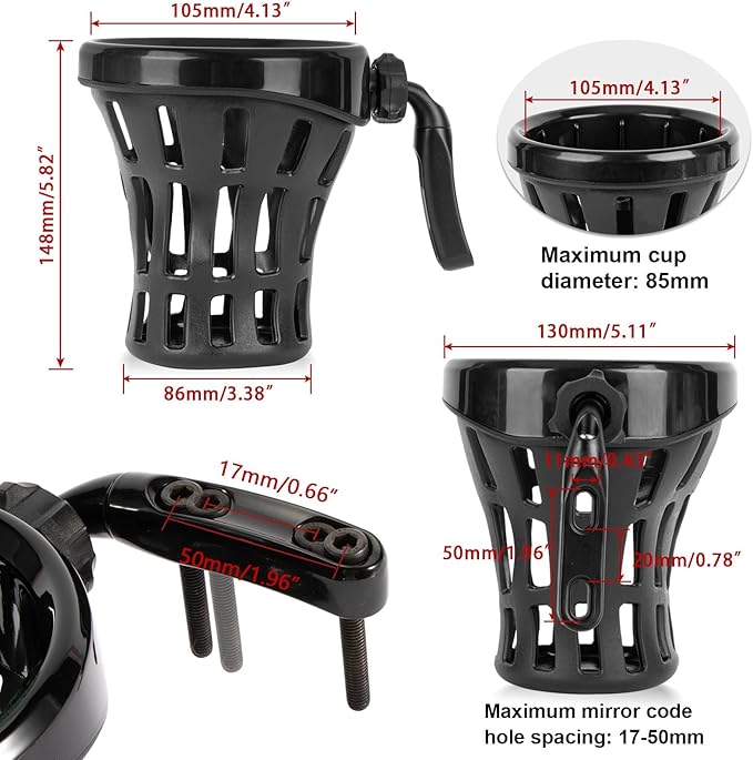 PSLER Motorcycle Drink Cup Holder Handlebar Mount Universal for Dyna Fat Bob Touring Road Glide Street Electra Glide Softail 1996-up Goldwing GL1800 2018-up (Black, 105mm)