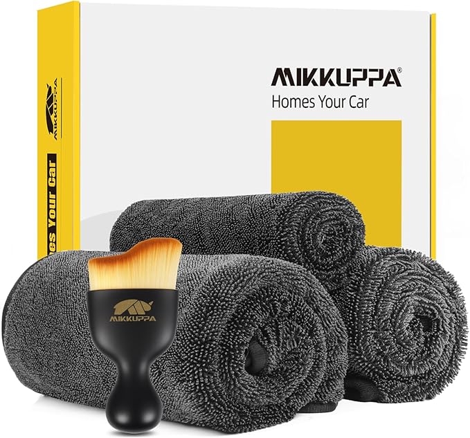 MIKKUPPA Microfiber Towels for Cars - 3-Pack Extra Large Car Drying Towel with Twisting Yarn Technique, Ultra Absorbent Scratch-Free Twisted-Loop Car Wash Towels with Interior Detailing Brush