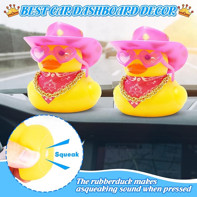 BOZILY Funny Car Accessories Rubber Duck Decor with Mini Cowboy Hat, Heart Sunglasses, Gold Necklace & Double-Sided Tapes - Pink Style Rubber Duck Ornament for Car Dashboard Decorations