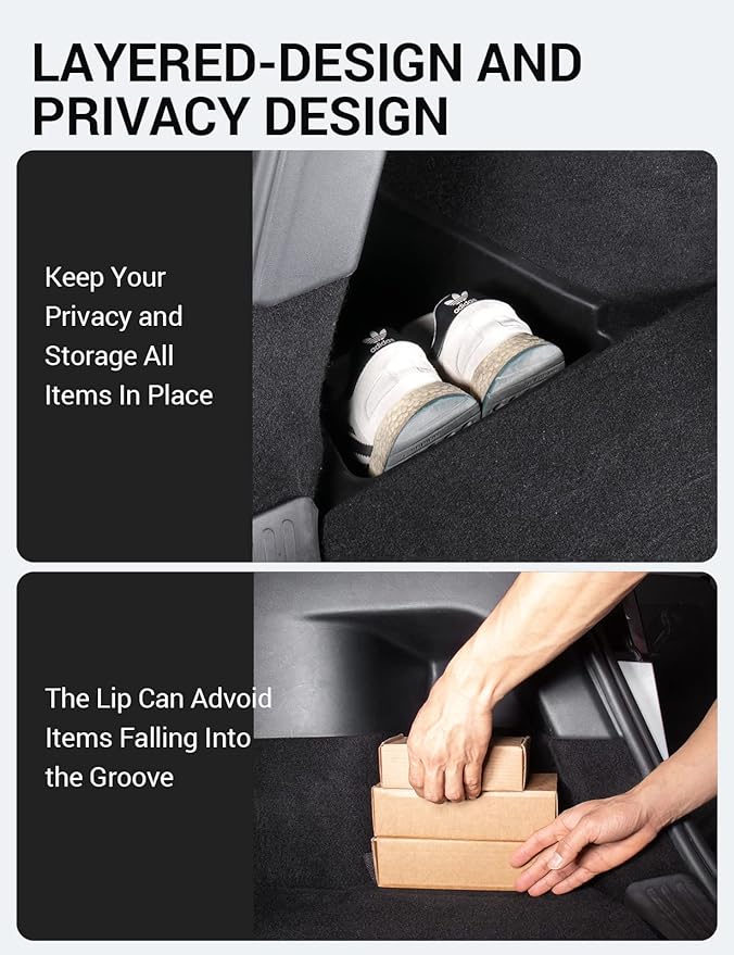 BASENOR 2020 2021 Tesla Model Y Trunk Organizer, (Proprietary Design) Waterproof Rear Trunk Storage Bins Side Box with Carpeted Lip Interior Accessories Set of 2 for 5-Seater