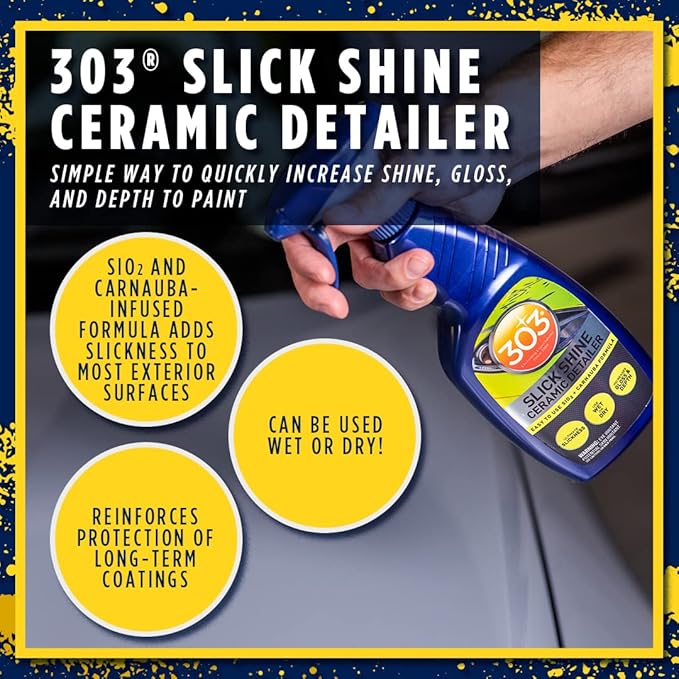303 Products (30265 Slick Shine Ceramic Detailer - SiO2 and Carnauba Infused Ceramic Coating - Premium Ceramic Detailing Spray - Increases Shine and Gloss - Works on Paint, Glass, and Wheels - 16Oz