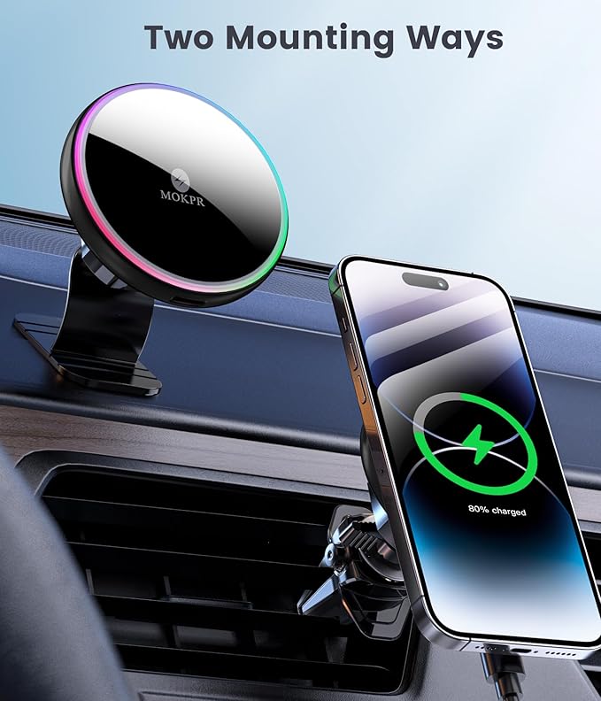 MOKPR for Magsafe Car Mount Charger-15W Wireless Car Charger-Magnetic Car Phone Holder for Dash Air Vent-LED RGB HandsFree Car Mount Fast Car Charger for iPhone 14/13/12 Series