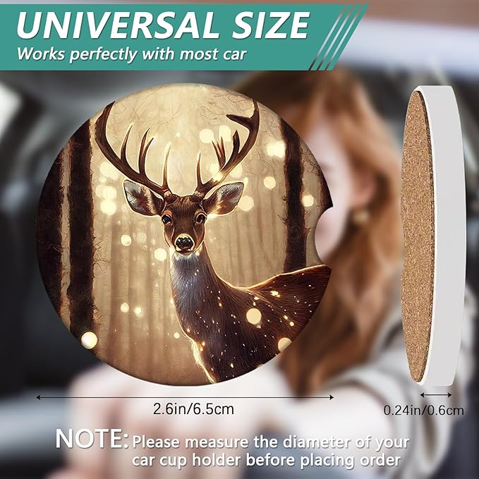 2 Pack Car Cup Holder Coasters - Forest Deer Absorbent Ceramic Coaster, Wild Life Car Coasters for Cup Holders, Car Interior Accessories for Women Men