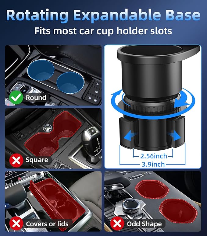 Car Double Cup Holder Tray Table, Swivel Car Food Tray Table for Front/Rear Passenger Seat for Eating, Cup Holder Expander with Phone Holder, Drink Sauce Holder for Car, Road Trip Essentials