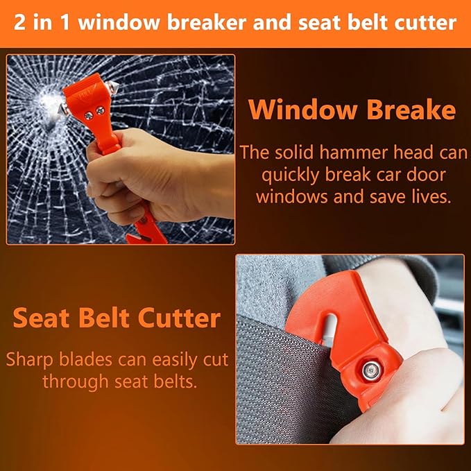 Car Window Breaker Hammer and Seat Belt Cutter 2-in-1, Emergency Escape Tool, Safety Glass Breaker, Automotive Safety Essentials and Accessories, 2 Packs