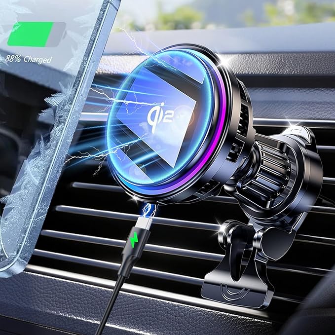 for Qi2 15W MagSafe Car Mount Charger RGB Light, Ice Cooling Magnetic Wireless Car Charger Phone Holder, Air Vent Fast Charging for iPhone 17 16 15 14 13 12 Pro Max Air, Galaxy S25, Car Accessories