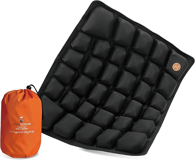 Inflatable Seat Cushion for Airplane & Travel – Portable Inflatable Pad with Built-in Pump, Adjustable Firmness, Tailbone & Back Pain Support, Carry Bag Included