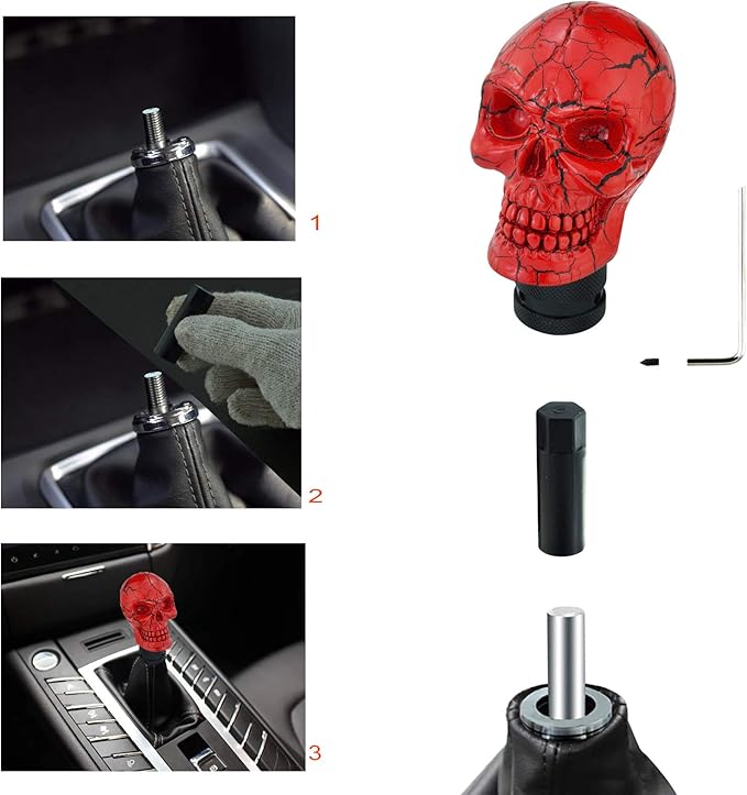 Lunsom Skull Gear Stick Shifter Knob, Resin Gear Shift Head Shifting Stick Handle Car Transmission Fit Automatic Manual Vehicle (Red)