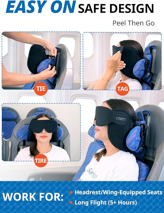 Travel Pillow, Upgrade Airplane Pillow for Long Flight, 360° Support Headrest, Travel Neck Pillow Eye Masks for Sleep, Compact Airplane Travel Essentials, Stop Bobblehead, Mottled Blue