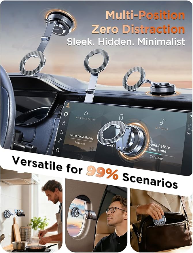 Car Phone Holder 360° Adjustable Tesla Phone Mount Foldable 2026 MagSafe Car Mount Zinc-Alloy Tesla Phone Holders for Your Car for iPhone 17 Pro Max 16 15 14 13 12 Plus, Carbon Fiber