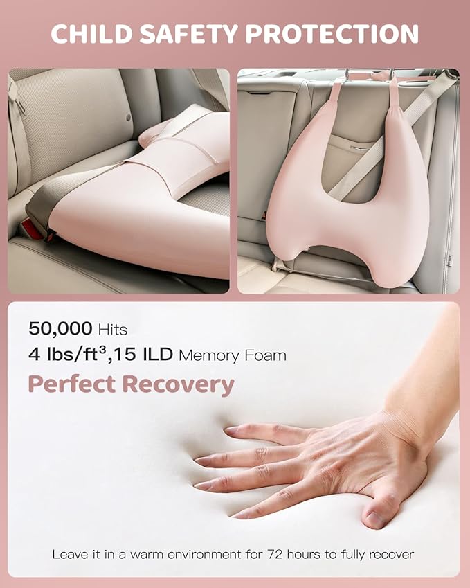 Memory Foam Kids Travel Pillow, Car Pillow for Kids, H-Shape Car Pillows for Sleeping, Removable Pillowcase, Adjustable, Porous Dots, Pink